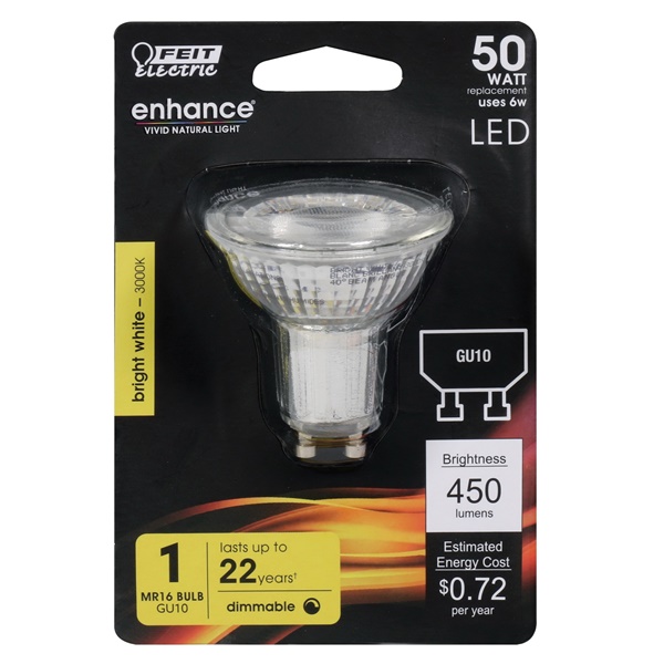 Feit Electric BPMR16GU10/500/93 LED Lamp, Track/Recessed, 450 Lumens, 6 W, MR16 Lamp, 50 W Equivalent, GU10 Lamp Base