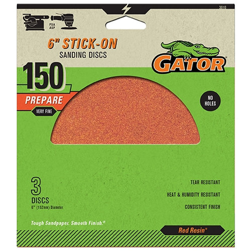 Gator 3010 Sanding Disc, 6 in Dia, 150 Grit, Fine, Aluminum Oxide Abrasive, Paper Backing, 3/PK