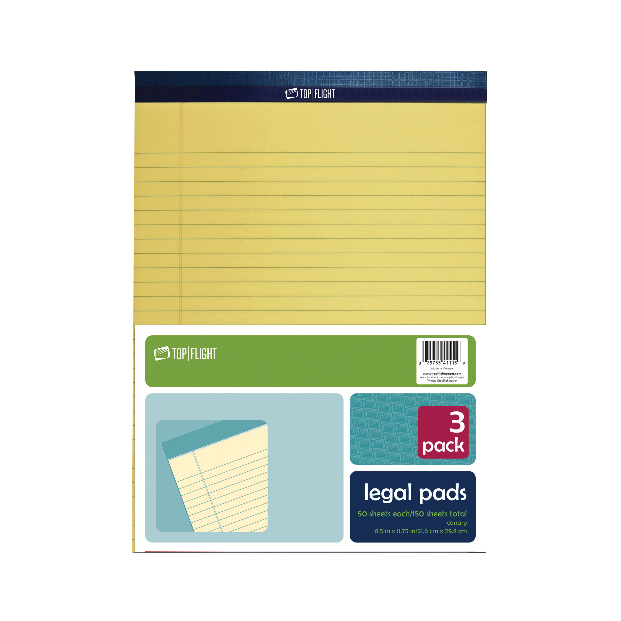 Top Flight N 11 Series 4513094 Legal Pad, 11-3/4 x 8-1/2 in Sheet, 50-Sheet, Canary Yellow Sheet