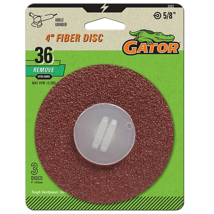 Gator 3063 Fiber Disc, 4 in Dia, 36 Grit, Extra Coarse, Aluminum Oxide Abrasive, Fiber Backing, 3/PK
