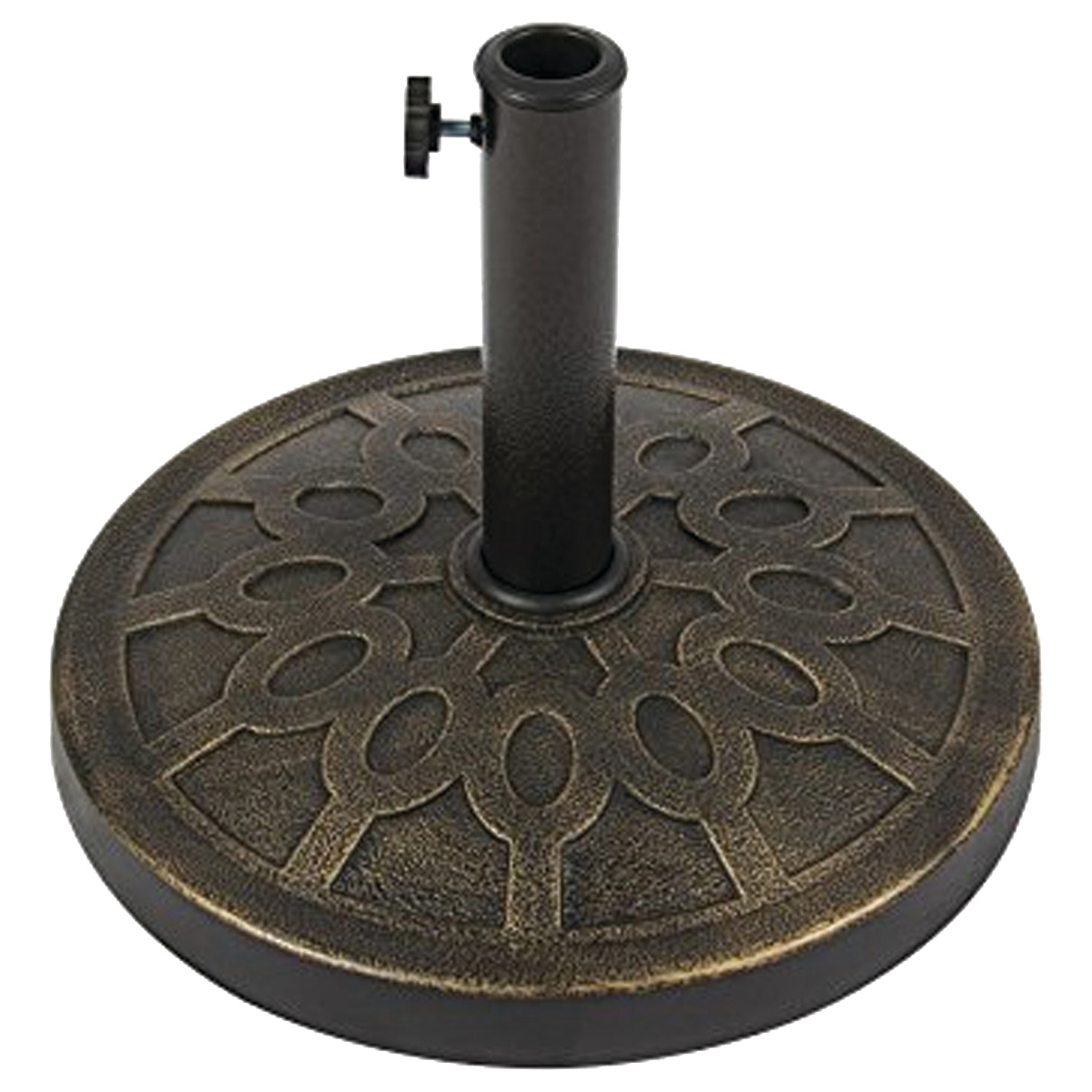 Seasonal Trends Umbrella Base, 17-1/2 in Dia, 13 in H, Round, Plastic/Resin/Steel, Bronze