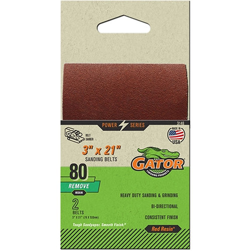 Gator Red Resin 3146 Sanding Belt, 3 in W, 21 in L, 80 Grit, Medium, Aluminum Oxide Abrasive