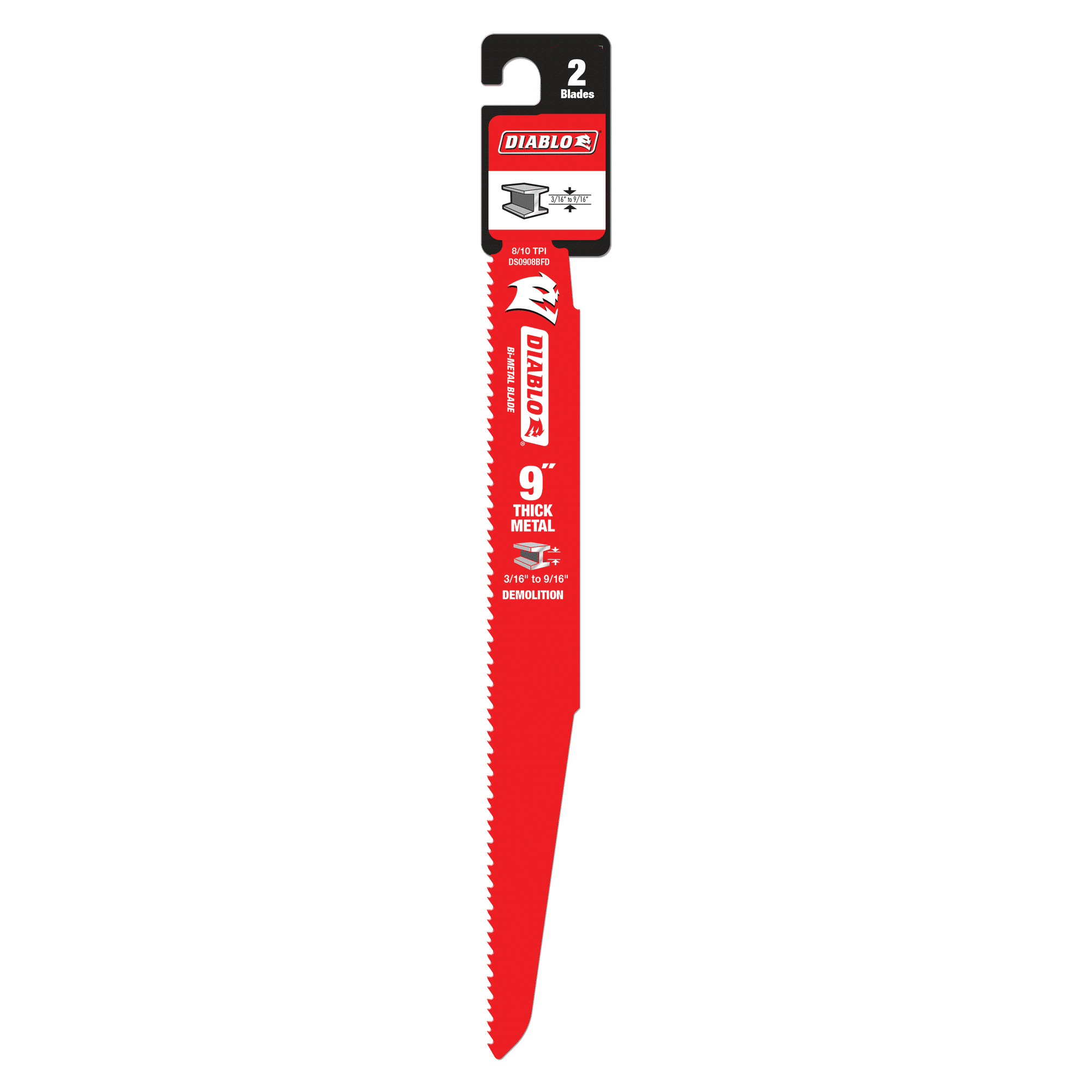 Diablo DS0908BFD2 Reciprocating Saw Blade, 9 in L, 8/10 TPI, Bi-Metal Cutting Edge