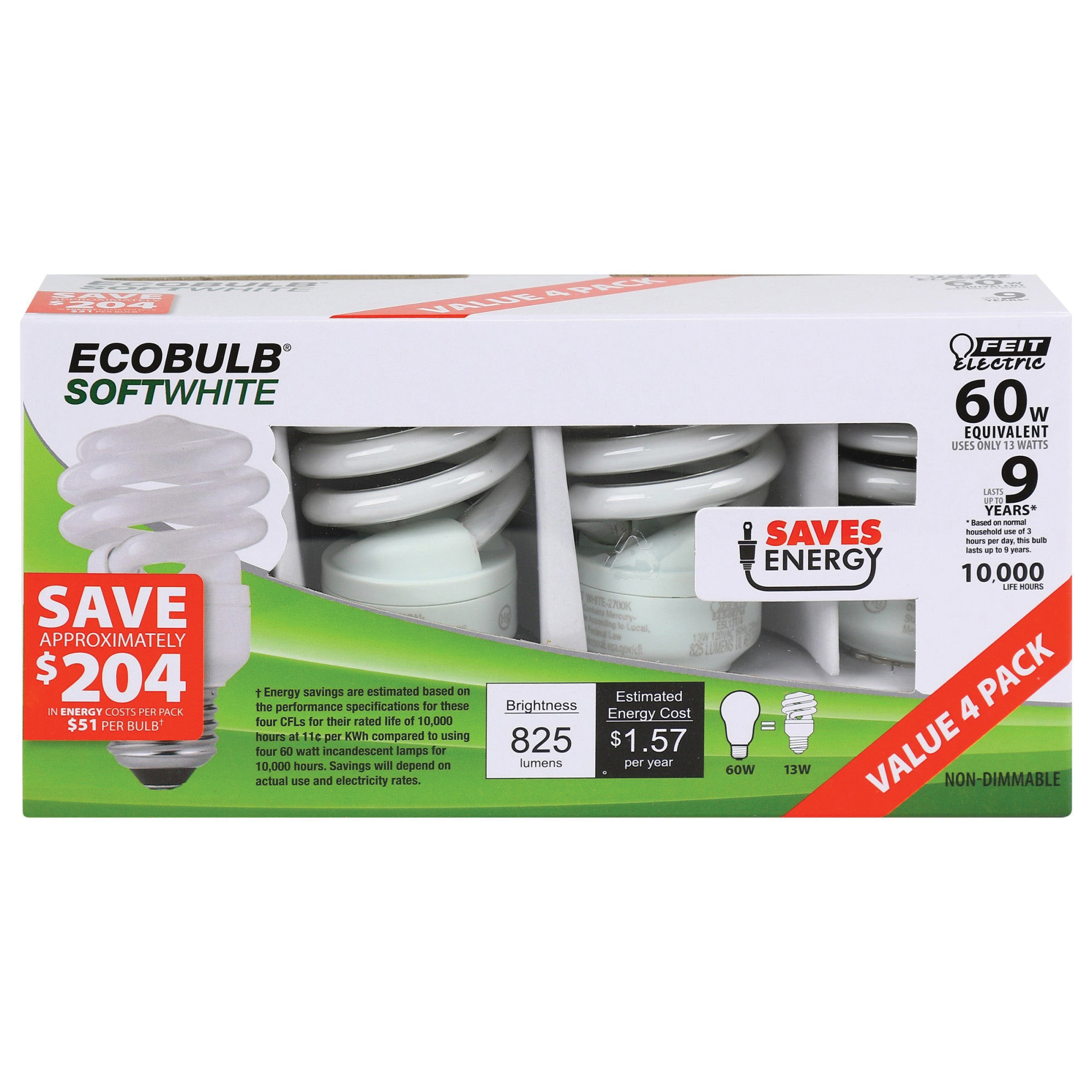 Feit Electric ESL13T/4 Compact Fluorescent Bulb, 13 W, Twist Lamp, E26 Medium Lamp Base, 825 Lumens, 2700 K Color Temp