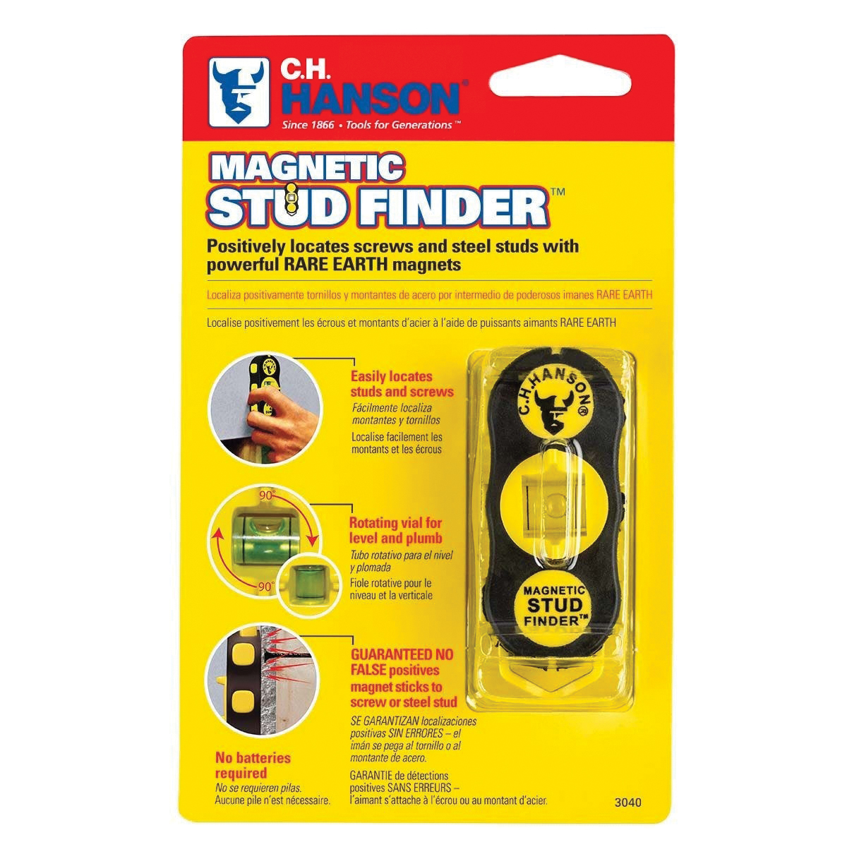 CH Hanson 3040 Magnetic Stud Finder, 1 in Detection, Black/Yellow, Detectable Material: Metal/Wood