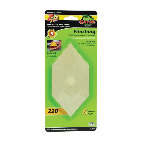 Gator Zip 7211 Refill Sheet, 6 in L, 3 in W, Extra Fine, 220 Grit, Aluminum Oxide Abrasive