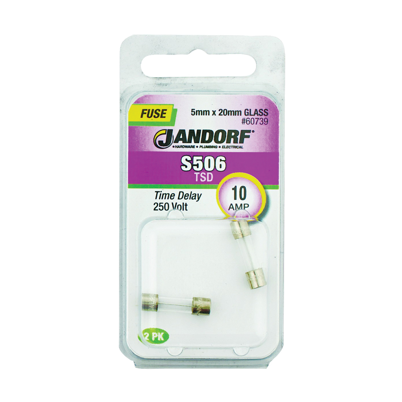 Jandorf 60739 Cartridge Slow Blow Time Delay Fuse, 10 A, 250 V, 100 A Interrupt, Glass Body