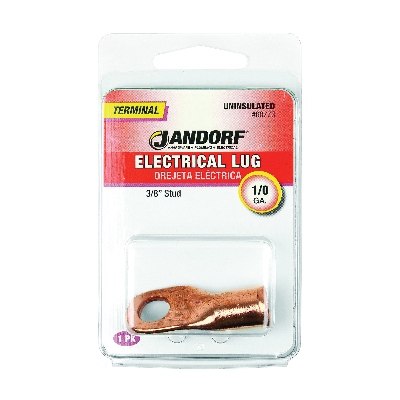 Jandorf 60773 Electrical Lug, 1/0 AWG Wire, 3/8 in Stud, Copper Contact, Brown