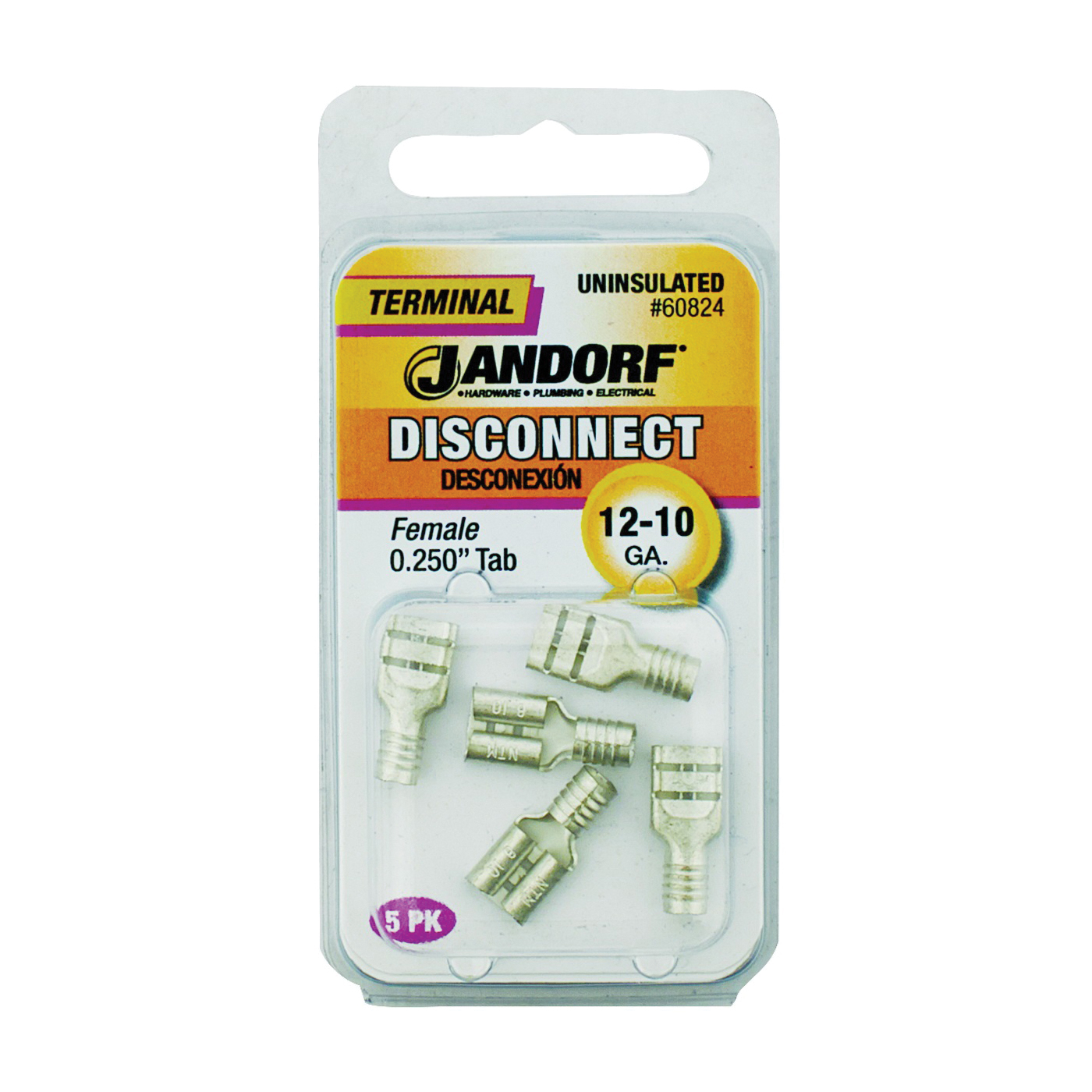 Jandorf 60824 Disconnect Terminal, 12 to 10 AWG Wire, Copper Contact, Tin, 5/PK