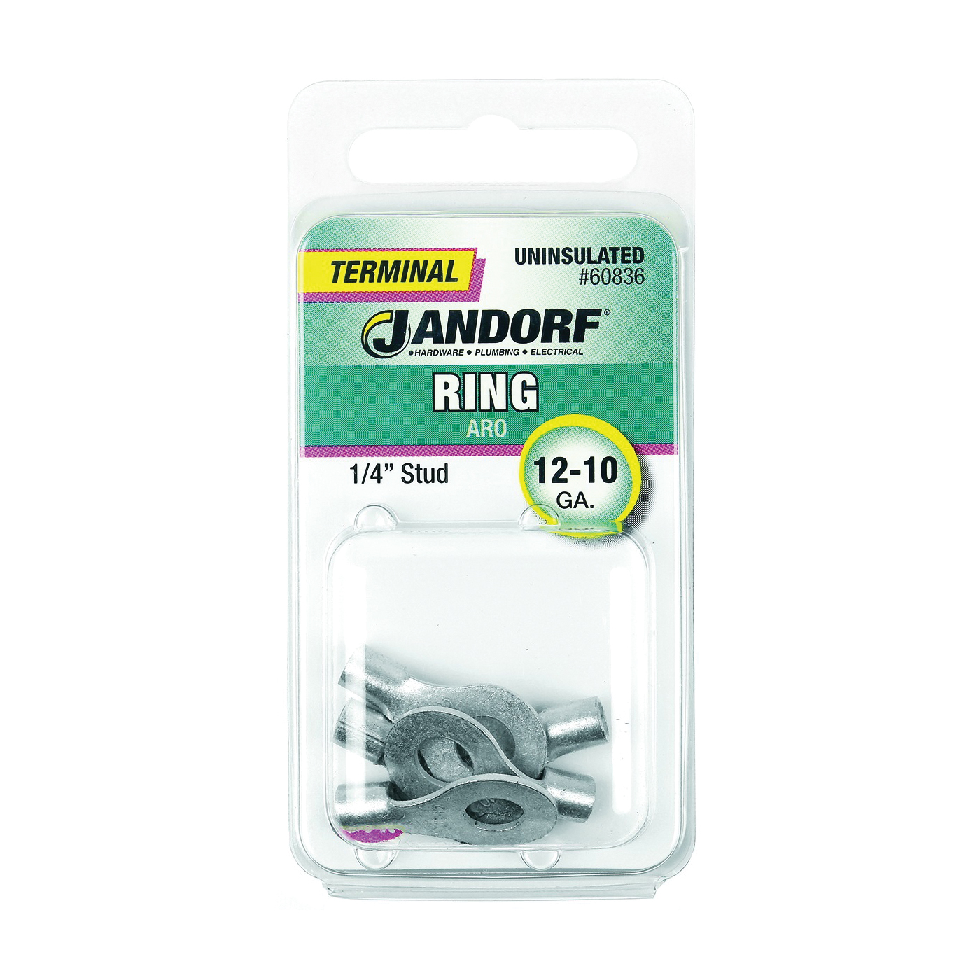 Jandorf 60836 Ring Terminal, 12 to 10 AWG Wire, 1/4 in Stud, Copper Contact