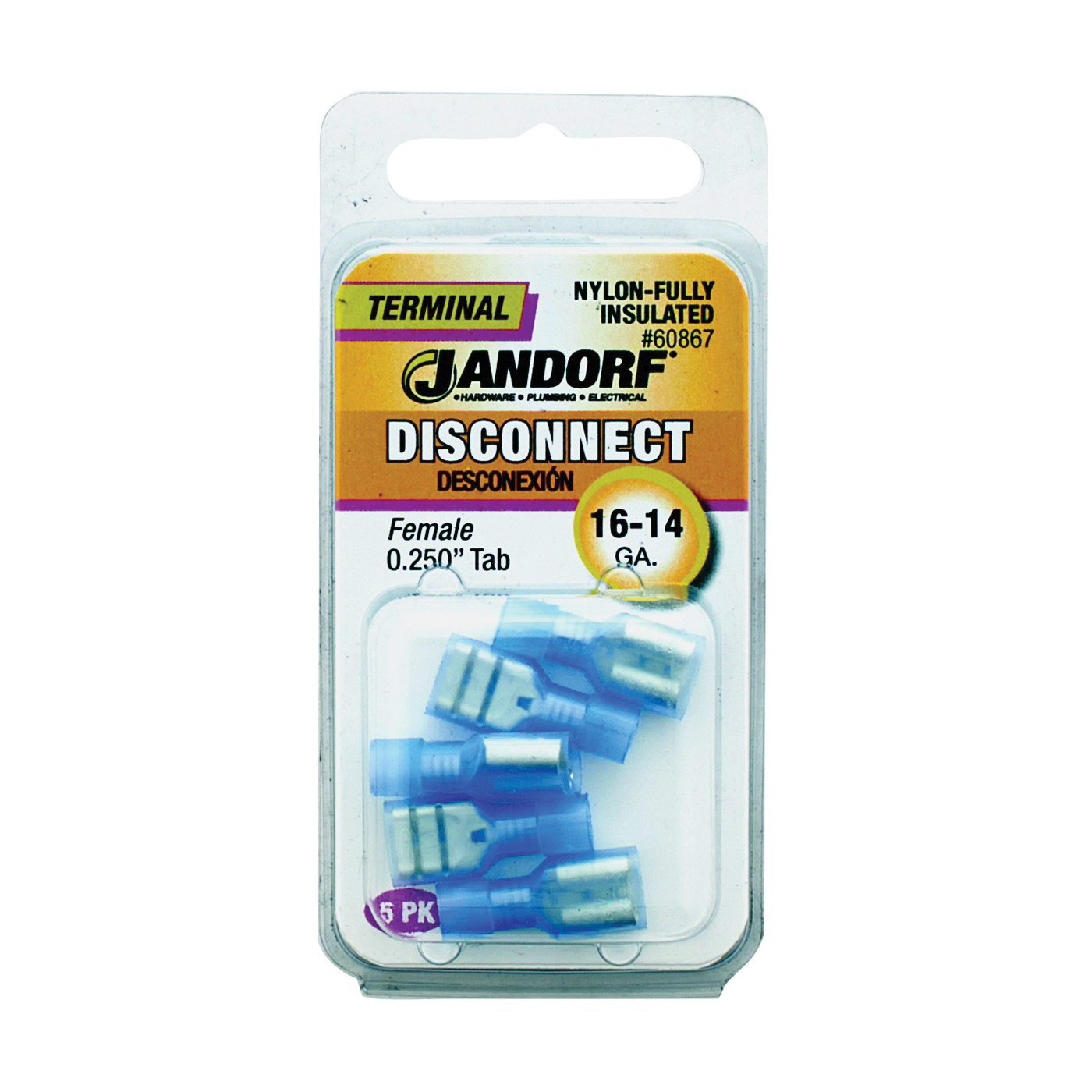 Jandorf 60867 Disconnect Terminal, 16 to 14 AWG Wire, Nylon Insulation, Copper Contact, Blue
