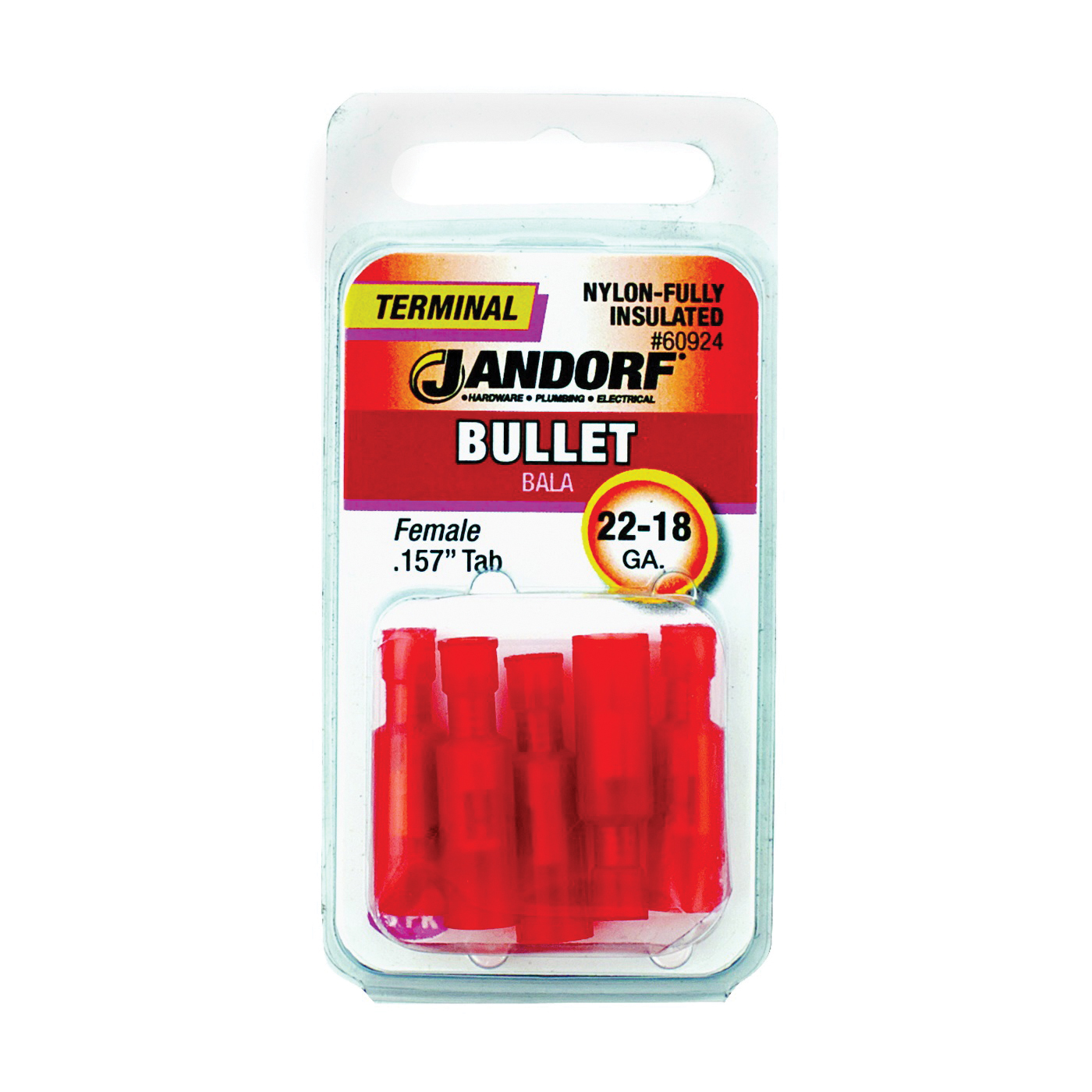 Jandorf 60924 Bullet Terminal, 600 V, 22 to 18 AWG Wire, Nylon Insulation, Copper Contact, Red, Tin, 5/PK