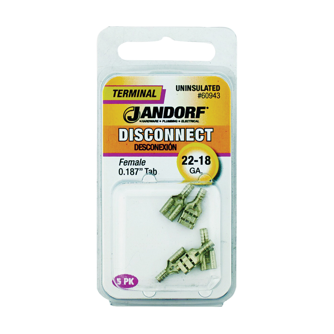 Jandorf 60943 Disconnect Terminal, 22 to 18 AWG Wire, Copper Contact