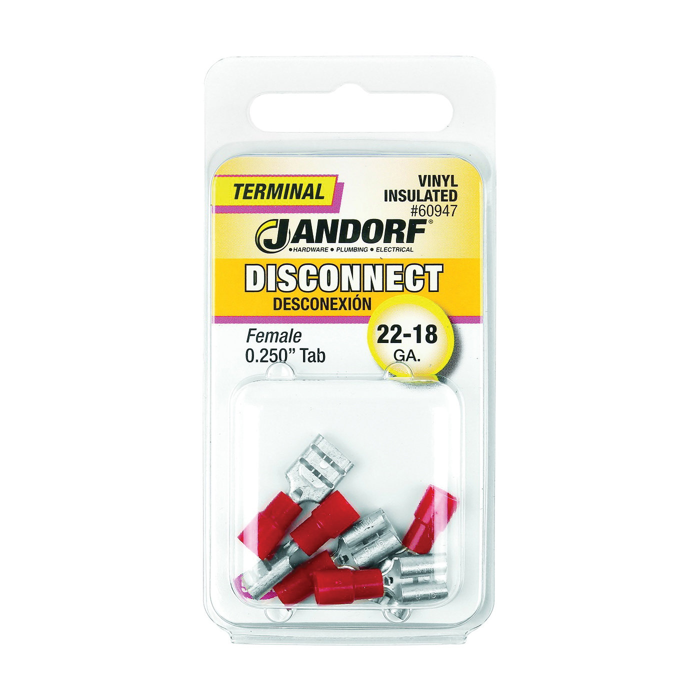 Jandorf 60947 Disconnect Terminal, 22 to 18 AWG Wire, Vinyl Insulation, Copper Contact, Tin, Red, 5/PK