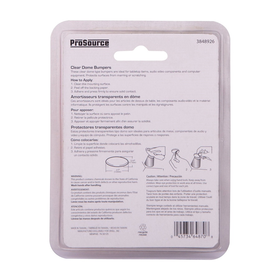 ProSource FE-50762A-PS Furniture Bumper Pad, 1/2 in, Dome, Polyurethane
