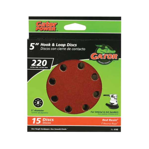 Gator 4140 Sanding Disc, 5 in Dia, 220 Grit, Extra Fine, Aluminum Oxide Abrasive, Vented, 15/PK