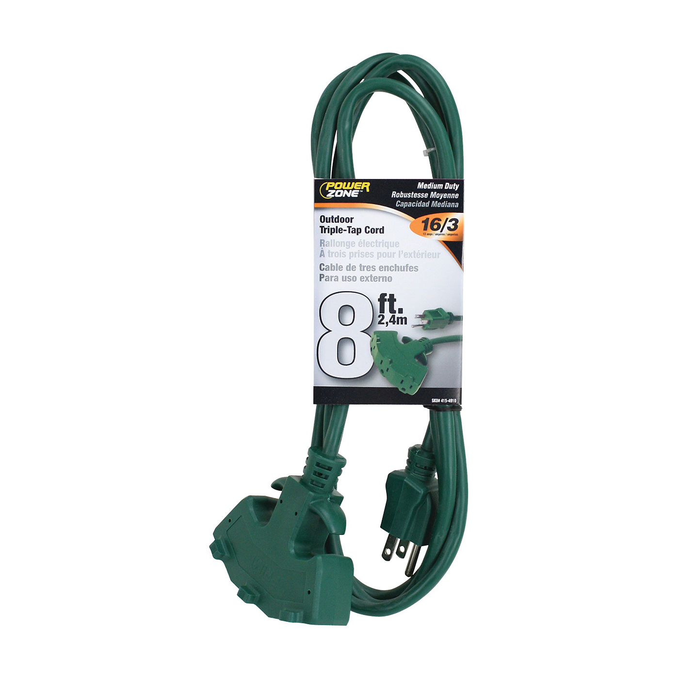 PowerZone ORY605608 Extension Cord, 16 AWG Cable, 8 ft L, 5-15P Grounded Plug Plug, 3-Socket, 13 A, 125 V, Green
