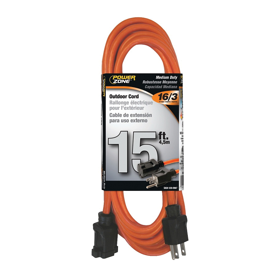 PowerZone OR501615 Extension Cord, 16 AWG Cable, 5-15P Grounded Plug, 5-15R Grounded Receptacle, 15 ft L, 125 V, Orange