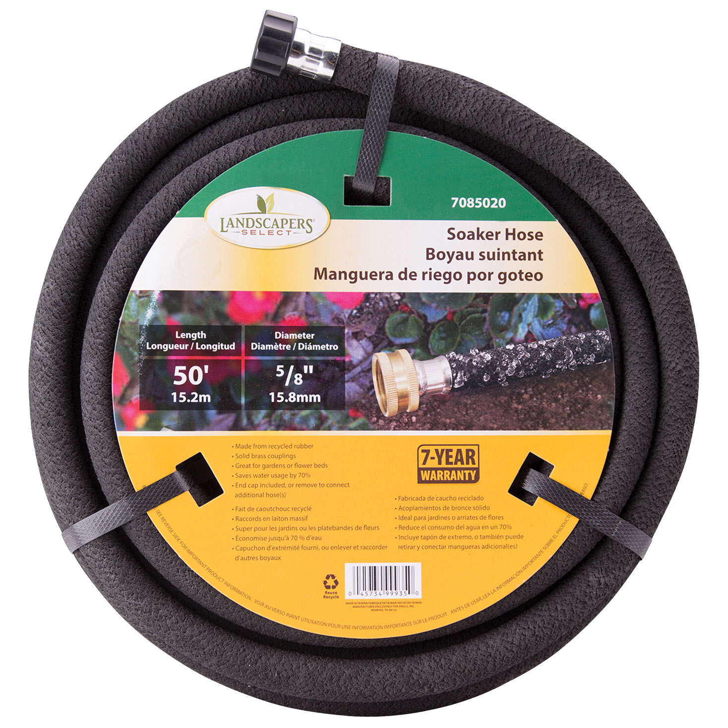 Landscapers Select HOSE-50-B-53L Soaker Hose, 5/8 in, 50 ft L, Brass Male and Female Couplings, Rubber, Black