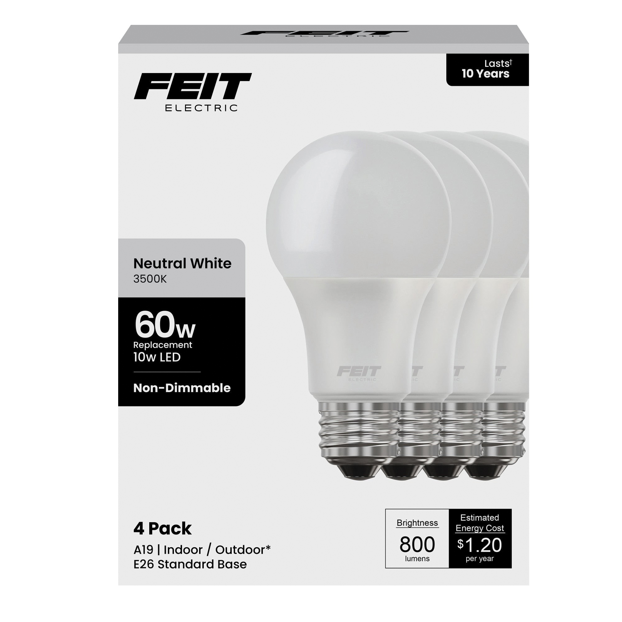 Feit Electric A800/835/10KLED/4 LED Bulb, General-Purpose, A19 Lamp, 60 W Equivalent, E26 Medium Lamp Base, Non-Dimmable