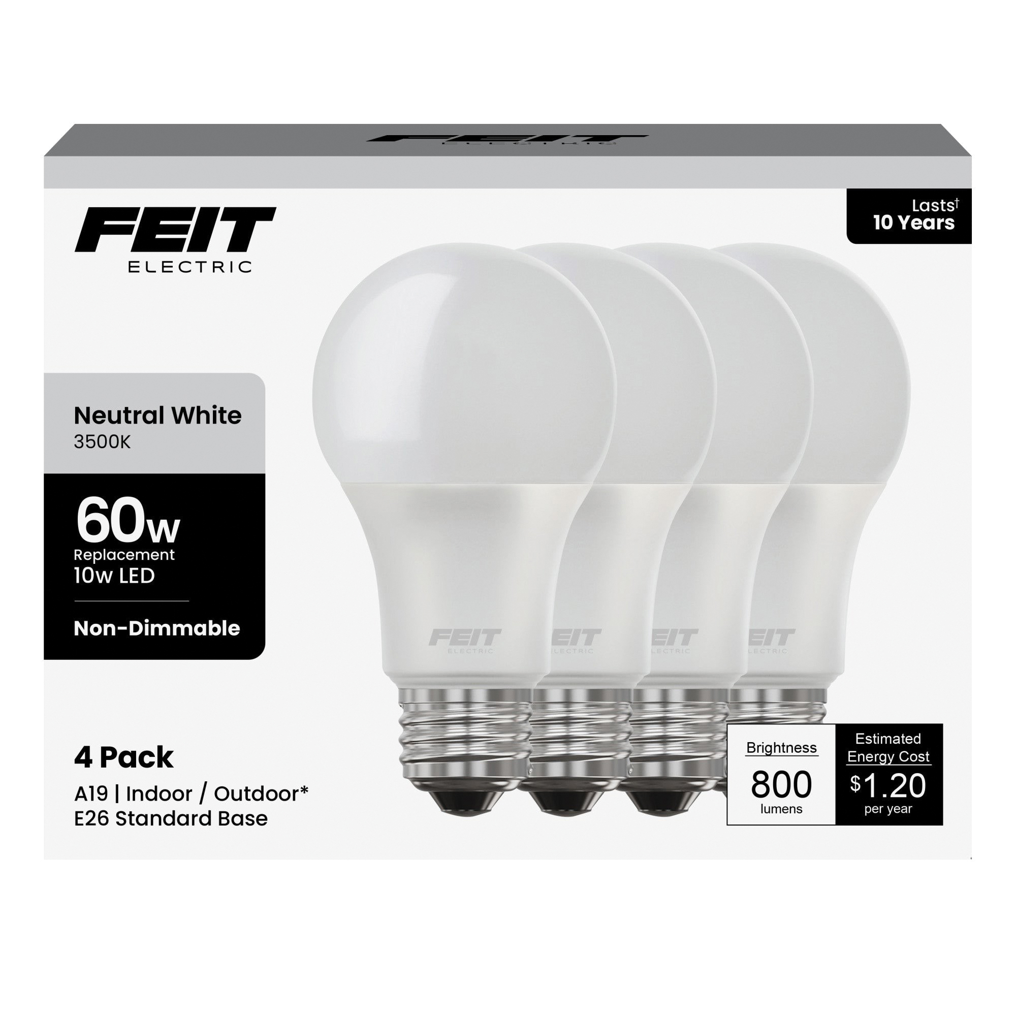 Feit Electric A800/835/10KLED/4 LED Bulb, General-Purpose, A19 Lamp, 60 W Equivalent, E26 Medium Lamp Base, Non-Dimmable