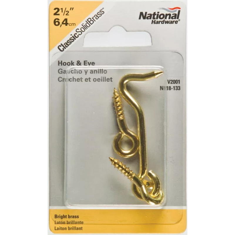 National Hardware V2001 Series N118-133 Hook and Eye, 2-1/2 in Dimensions, Solid Brass, Solid Brass, 1/PK