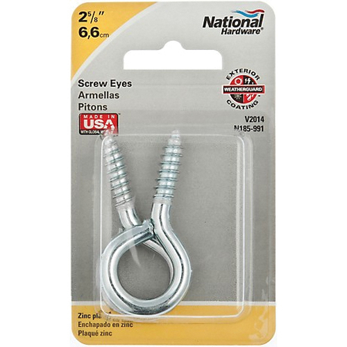 National Hardware N185-991 Screw Eye, #2, 0.26 in Dia Wire, 1.12 in L Thread, 2.62 in OAL, 115 lb Working Load, Steel