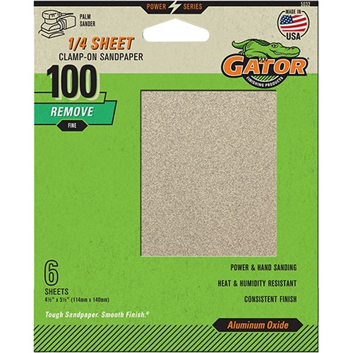 Gator 5032 Sanding Sheet, 4-1/2 in W, 5-1/2 in L, 100 Grit, Medium, Aluminum Oxide Abrasive, Paper Backing