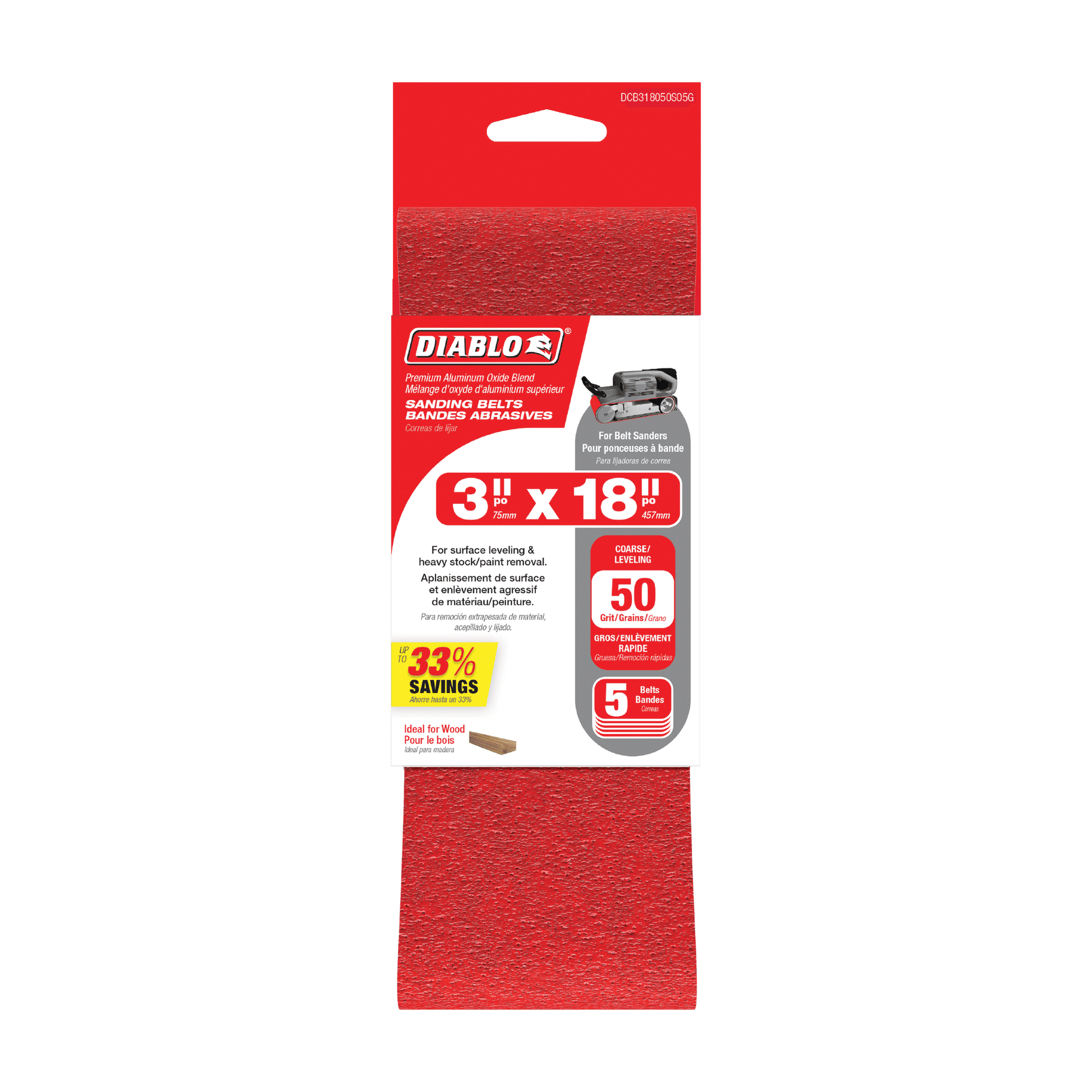 Diablo DCB318050S05G Sanding Belt, 3 in W, 18 in L, Zirconium Abrasive, 50 Grit, Coarse
