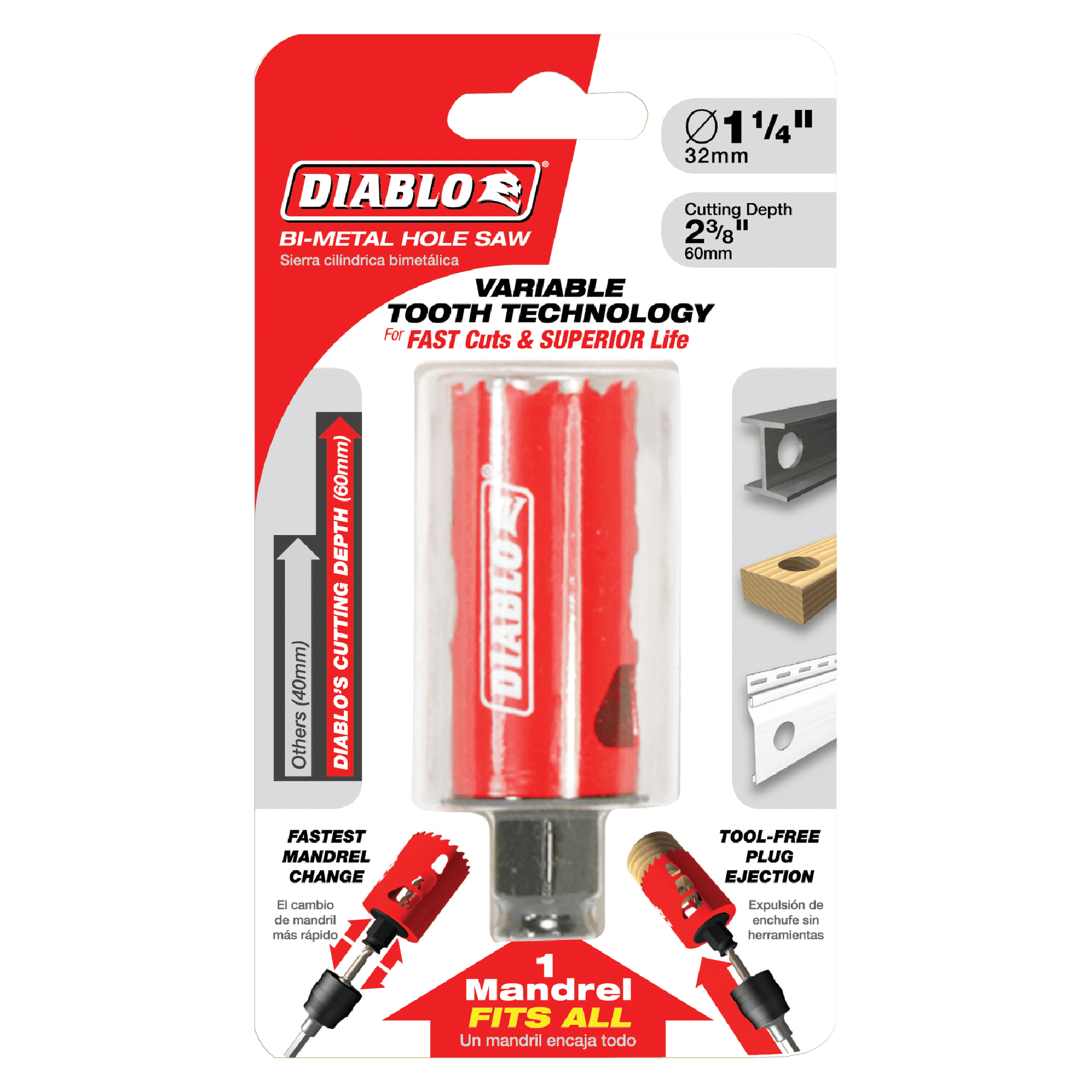 Diablo DHS1250 Hole Saw, 1-1/4 in Dia, 2-3/8 in D Cutting, 3/8 in Arbor, Bi-Metal Cutting Edge