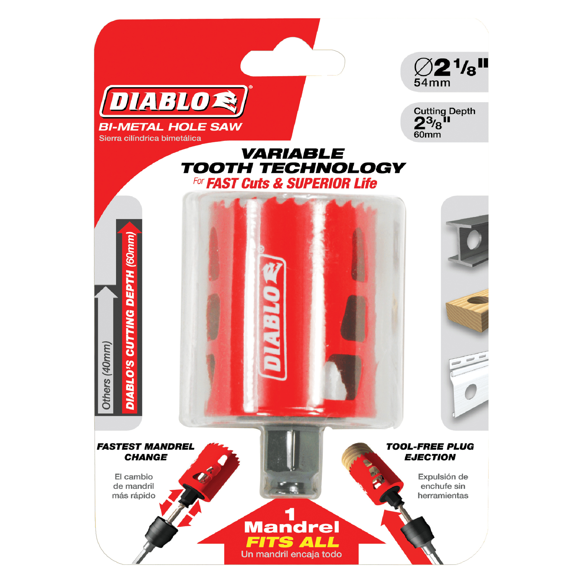 Diablo DHS2125 Hole Saw, 2-1/8 in Dia, 2-3/8 in D Cutting, 3/8 in Arbor, Bi-Metal Cutting Edge
