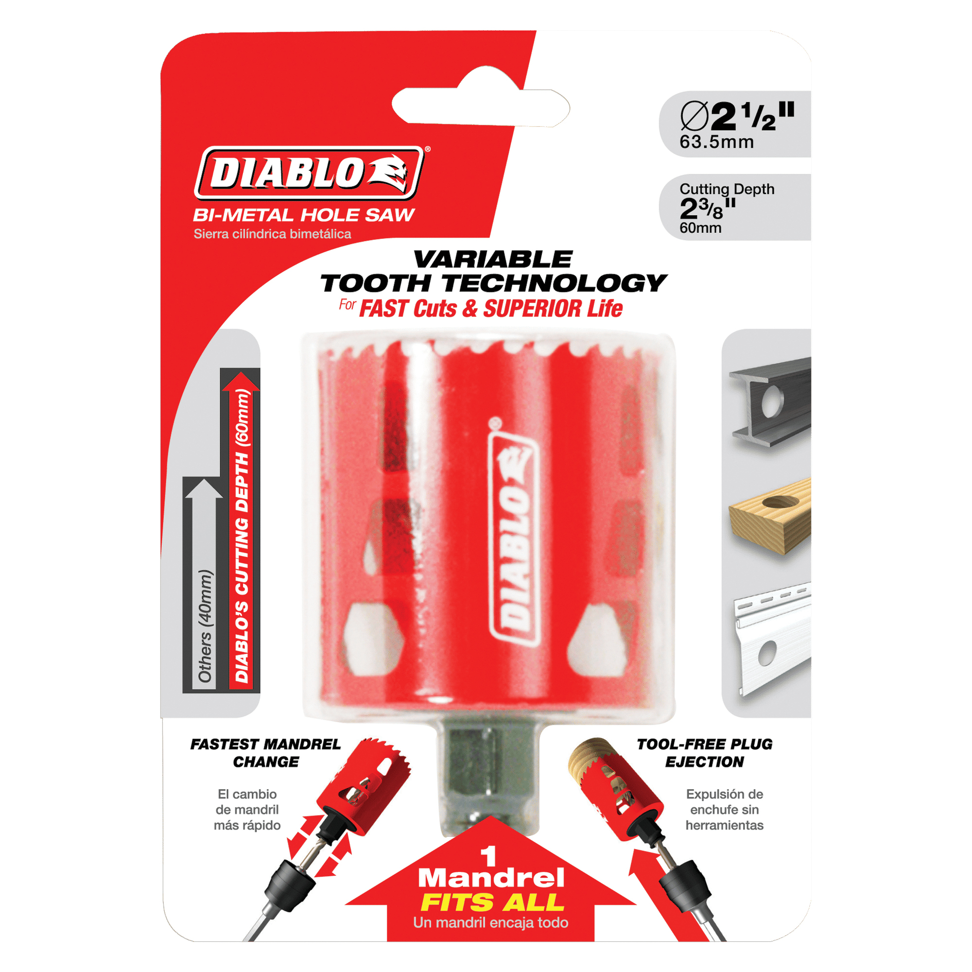 Diablo DHS2500 Hole Saw, 2-1/2 in Dia, 2-3/8 in D Cutting, 3/8 in Arbor, Bi-Metal Cutting Edge