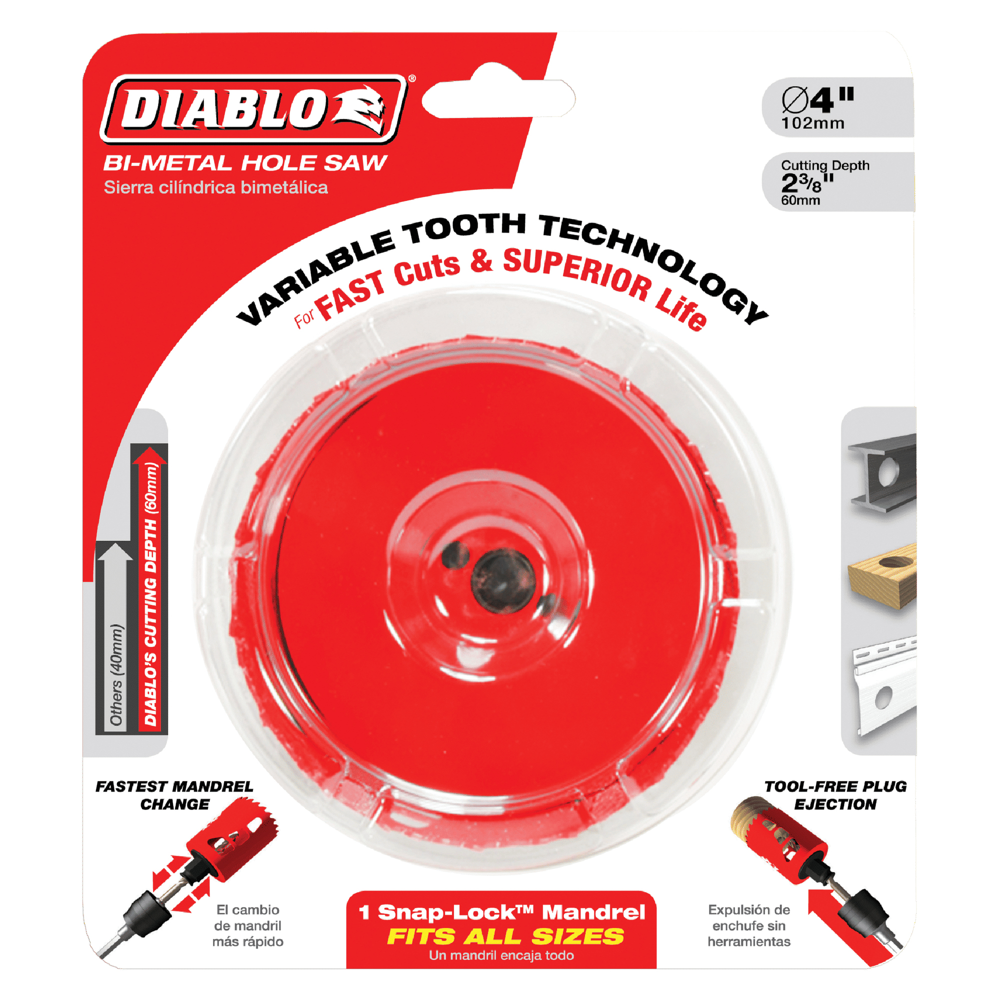 Diablo DHS3625 Hole Saw, 3-5/8 in Dia, 2-3/8 in D Cutting, 3/8 in Arbor, Bi-Metal Cutting Edge