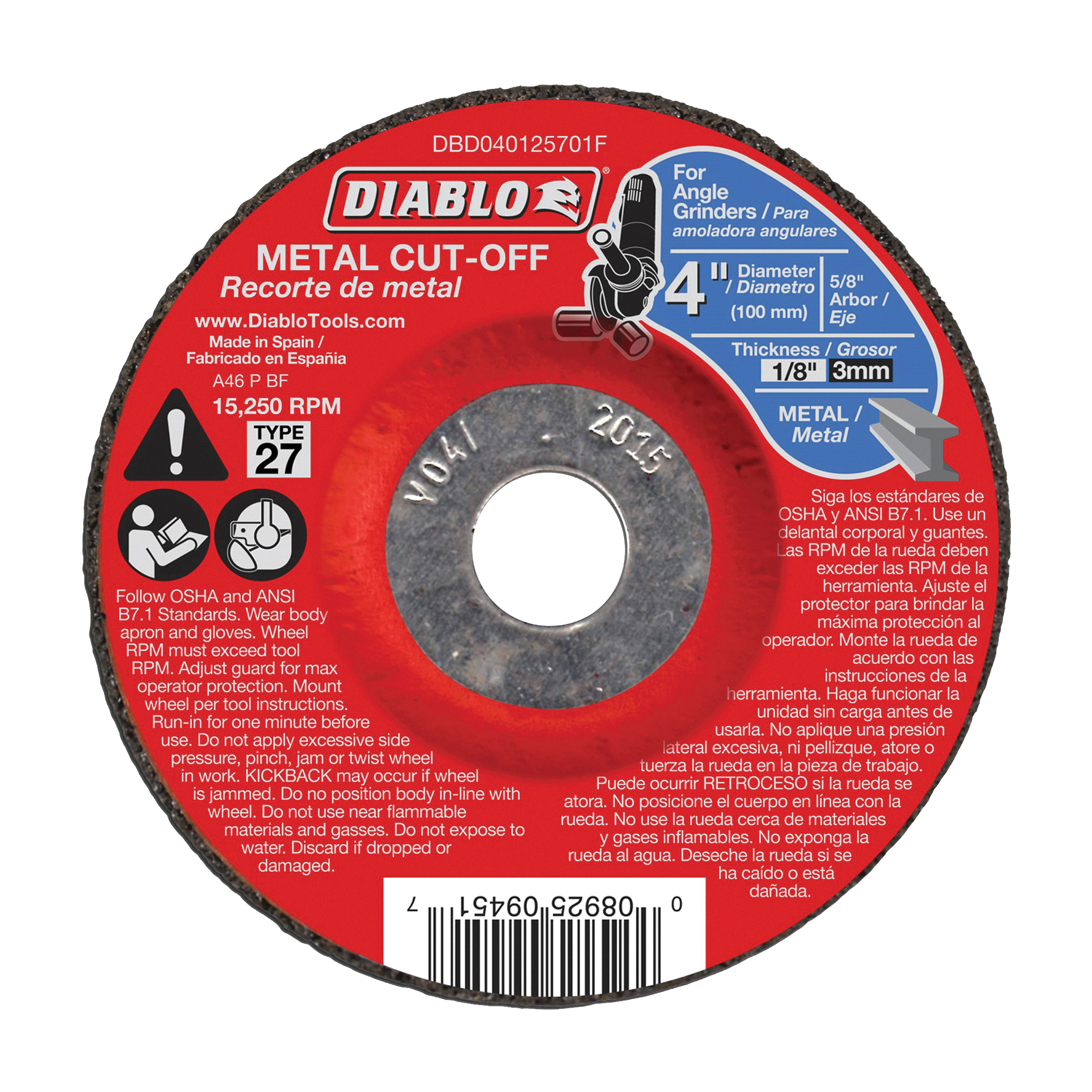 Diablo DBD040125701F Cut-Off Wheel, 4 in Dia, 1/8 in Thick, 5/8 in Arbor, Aluminum Oxide Abrasive