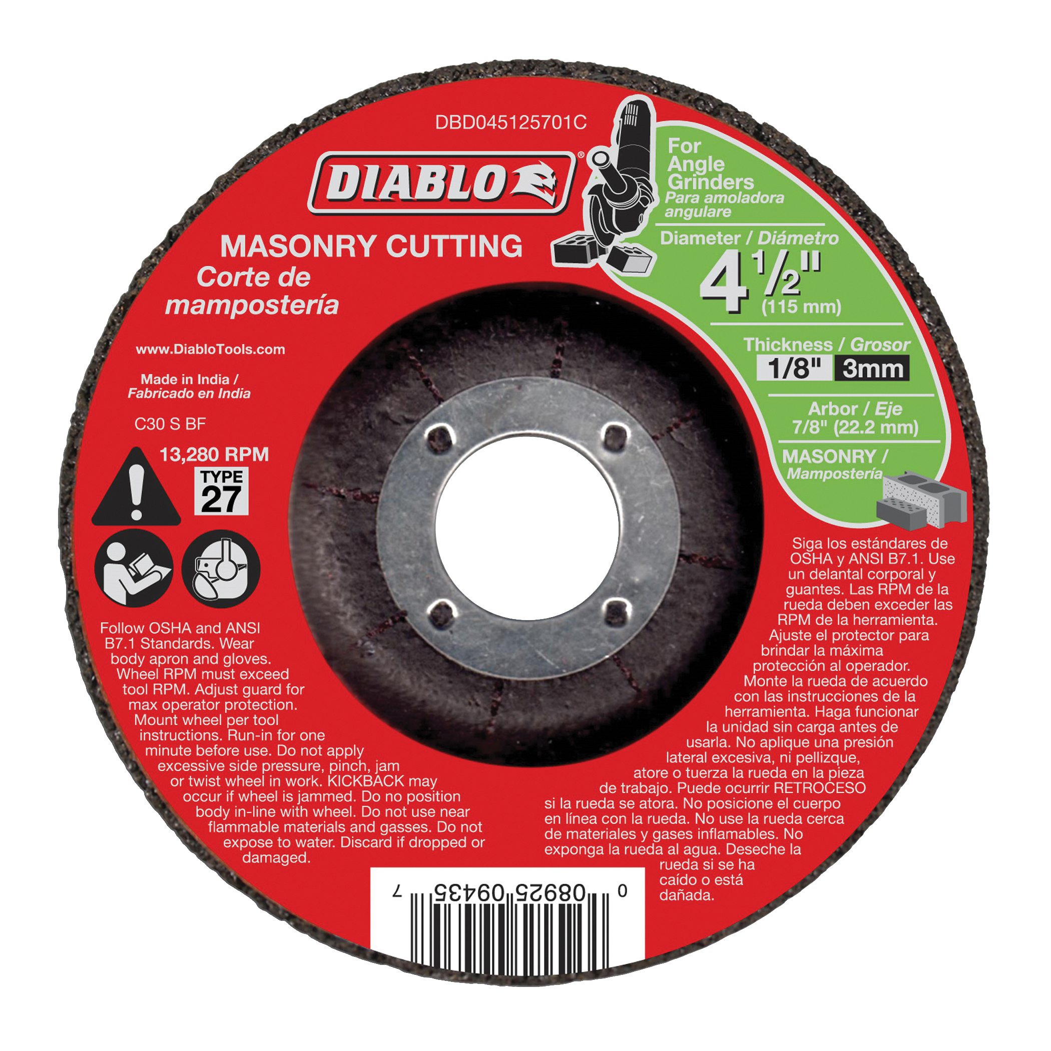 Diablo DBD045125701C Cut-Off Wheel, 4-1/2 in Dia, 1/8 in Thick, 7/8 in Arbor, Silicone Carbide Abrasive