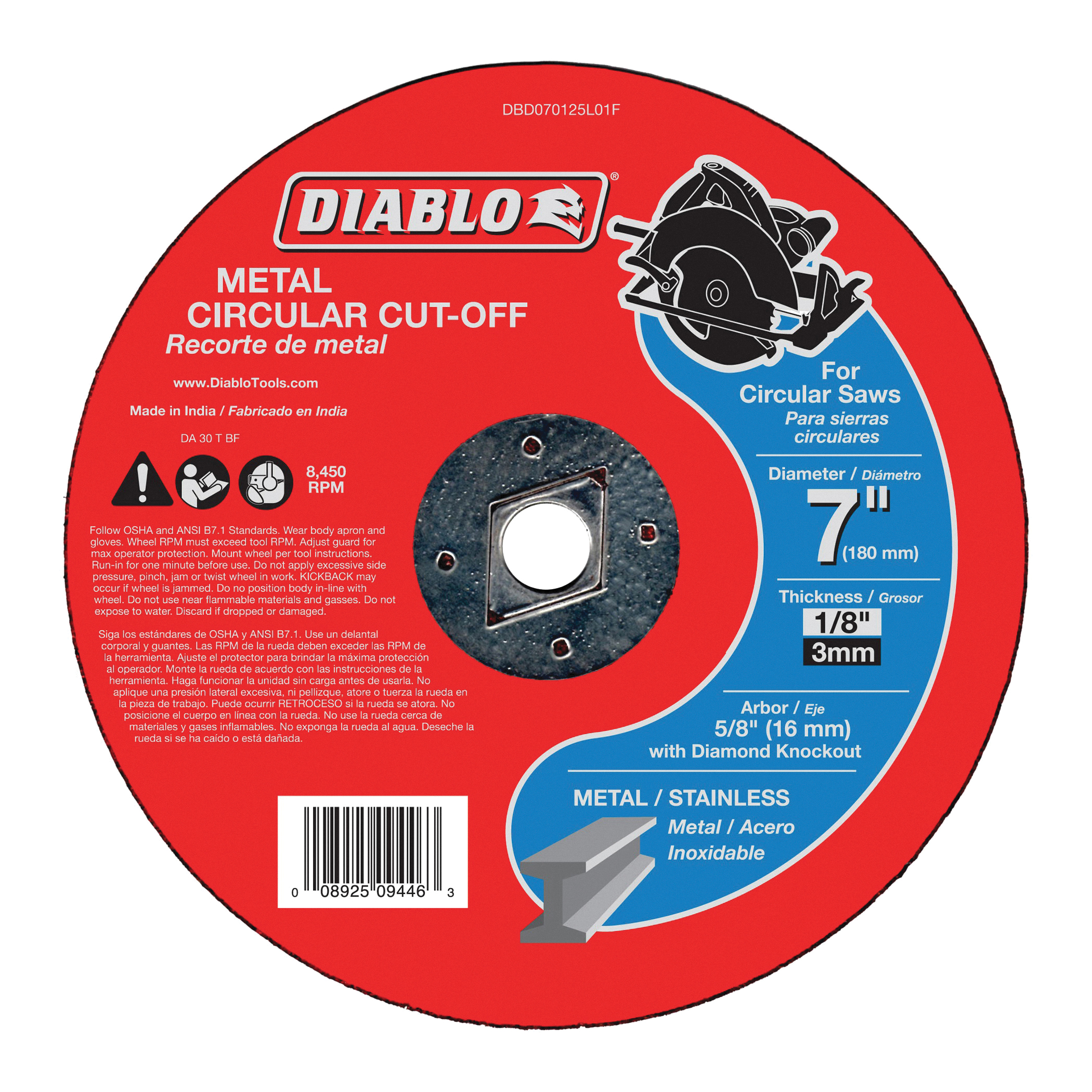 Diablo DBD070125L01F Cut-Off Wheel, 7 in Dia, 1/8 in Thick, Aluminum Oxide Abrasive, 5/8 in Arbor