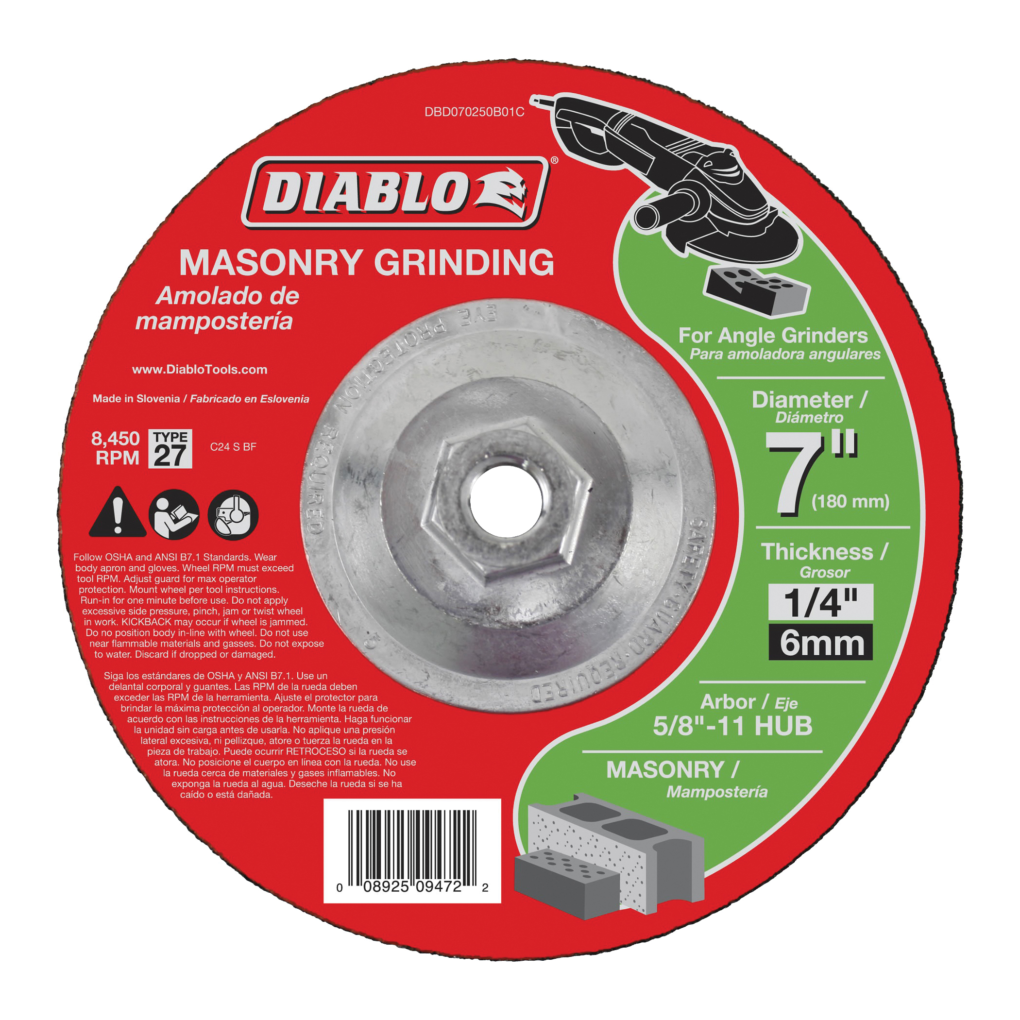 Diablo DBD070250B01C Grinding Wheel, 7 in Dia, 1/4 in Thick, 5/8 in Arbor, Aluminum Oxide Abrasive