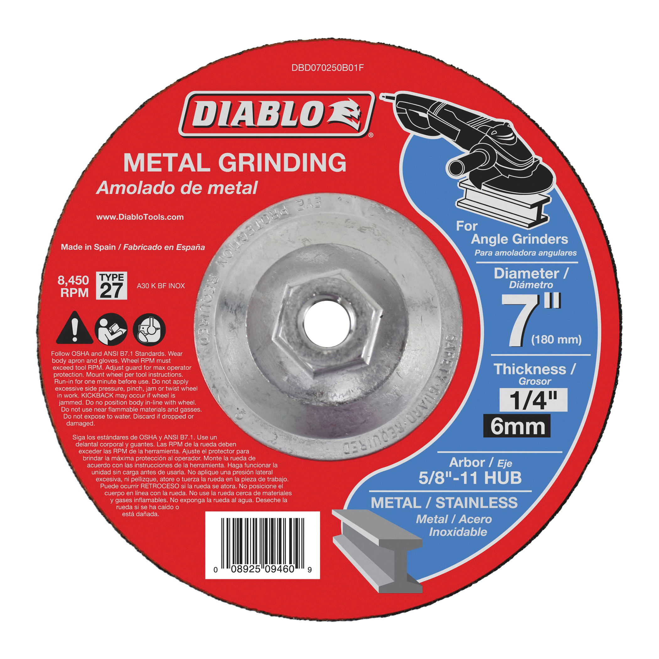 Diablo DBD070250B01F Grinding Wheel, Applicable Materials: Cast Iron, Sheet Metal, Stainless Steel, 7 in Dia