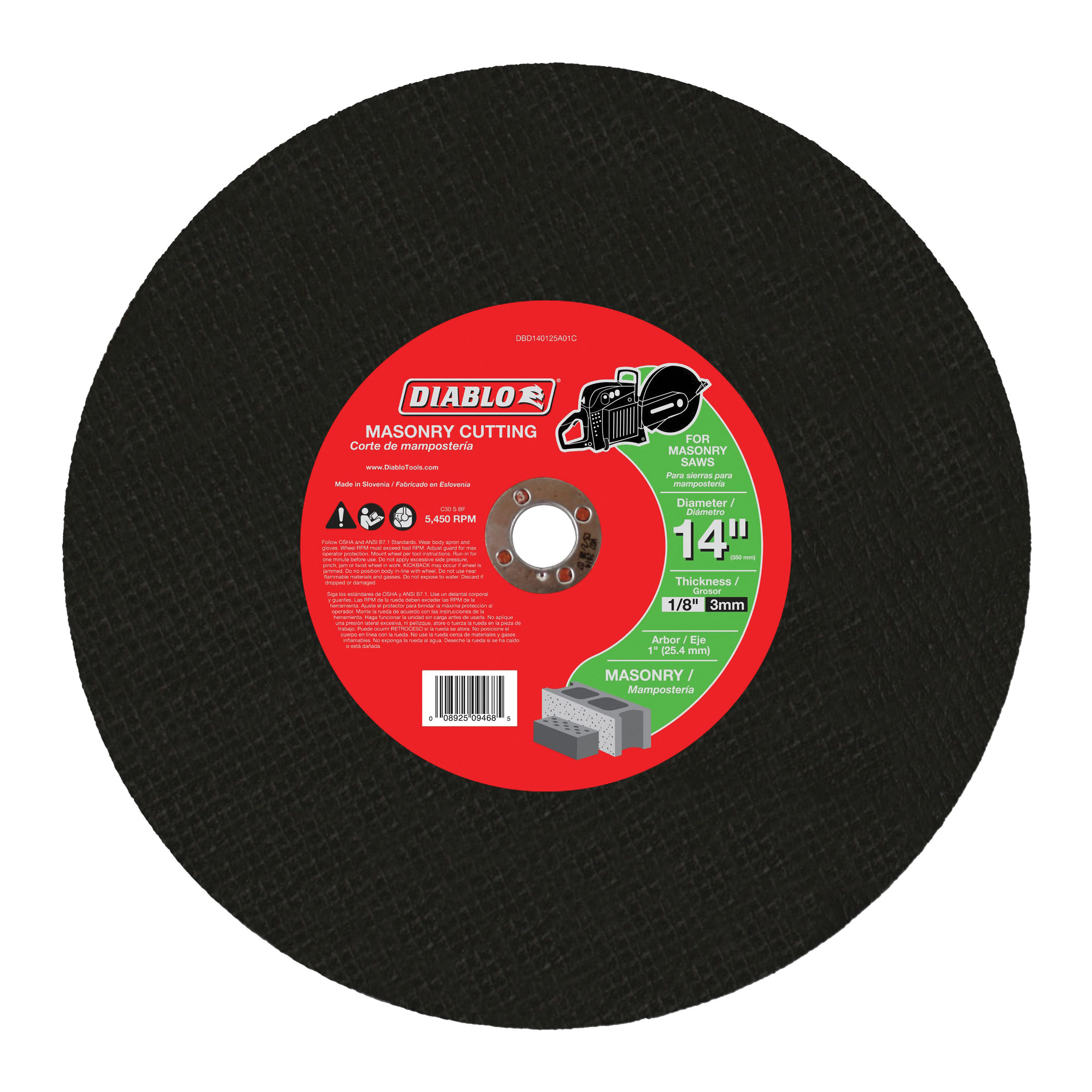 Diablo DBD140125A01C Cut-Off Wheel, 14 in Dia, 1/8 in Thick, 1 in Arbor, Silicone Carbide Abrasive