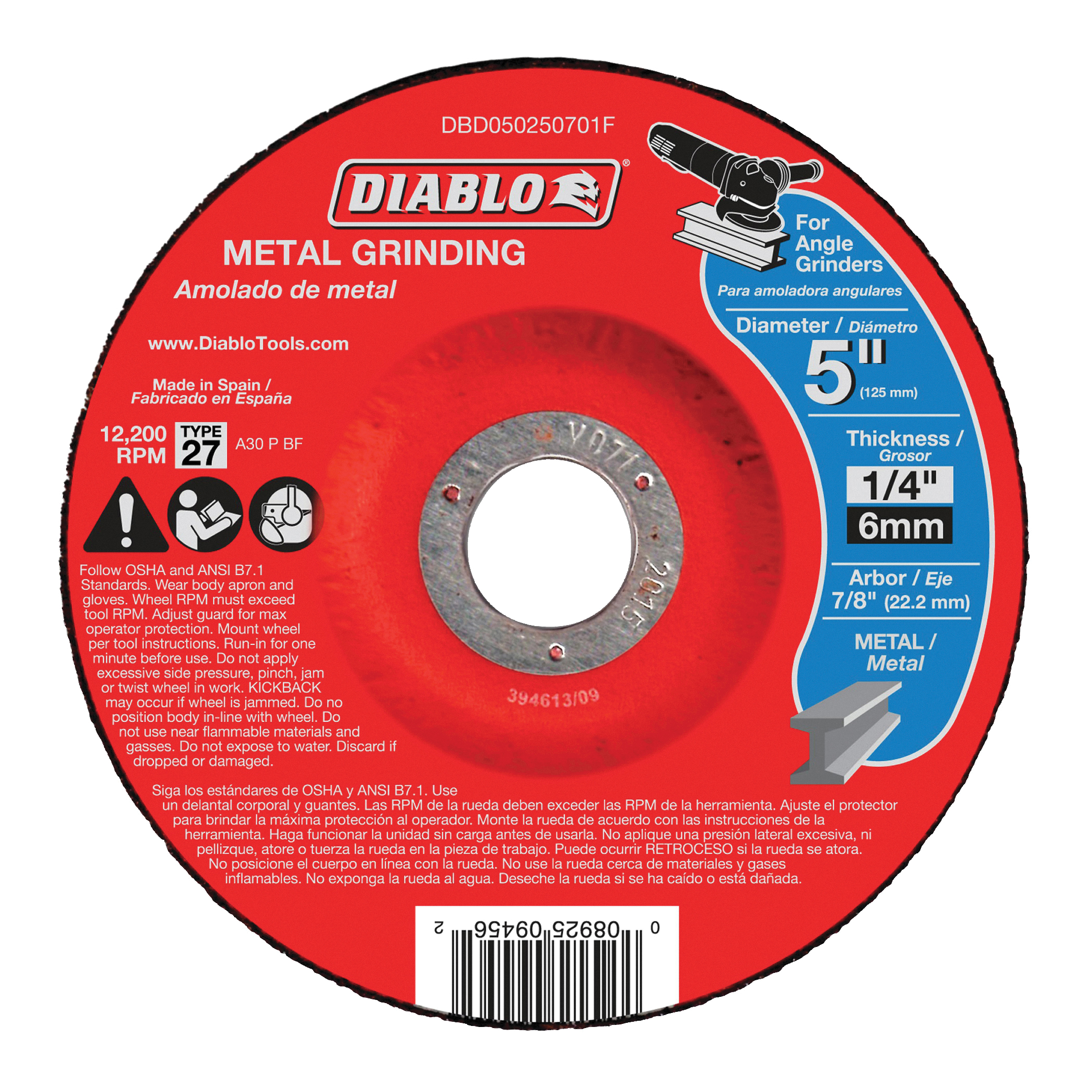 Diablo DBD050250701F Grinding Disc, 5 in Dia, 1/4 in Thick, 7/8 in Arbor, Aluminum Oxide Abrasive