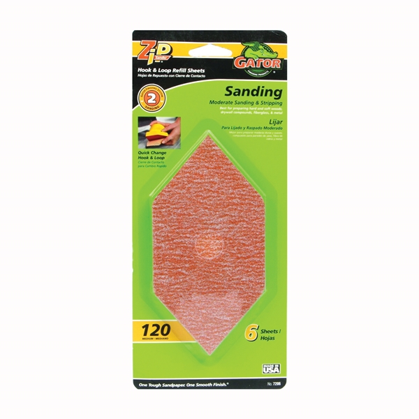 Gator Zip 7206 Refill Sheet, 6 in L, 3 in W, Fine, 120 Grit, Aluminum Oxide Abrasive