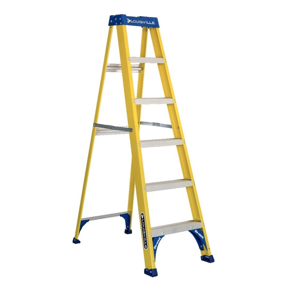 Louisville FS2000 Series FS2006 Step Ladder, 6 ft H, Type I Duty Rating, Fiberglass, 250 lb, 5-Step, 124 in Max Reach