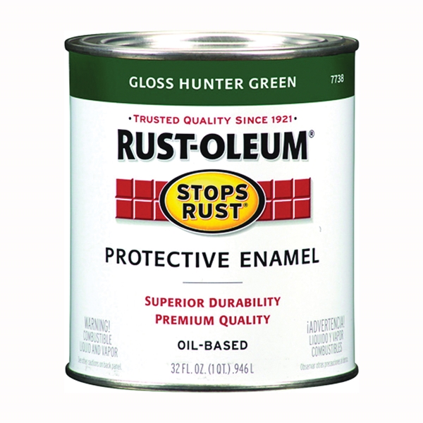 Stops Rust 7738502 Enamel Paint, Oil Base, Gloss Sheen, Hunter Green, 1 qt, Can, 50 to 90 sq-ft/qt Coverage Area