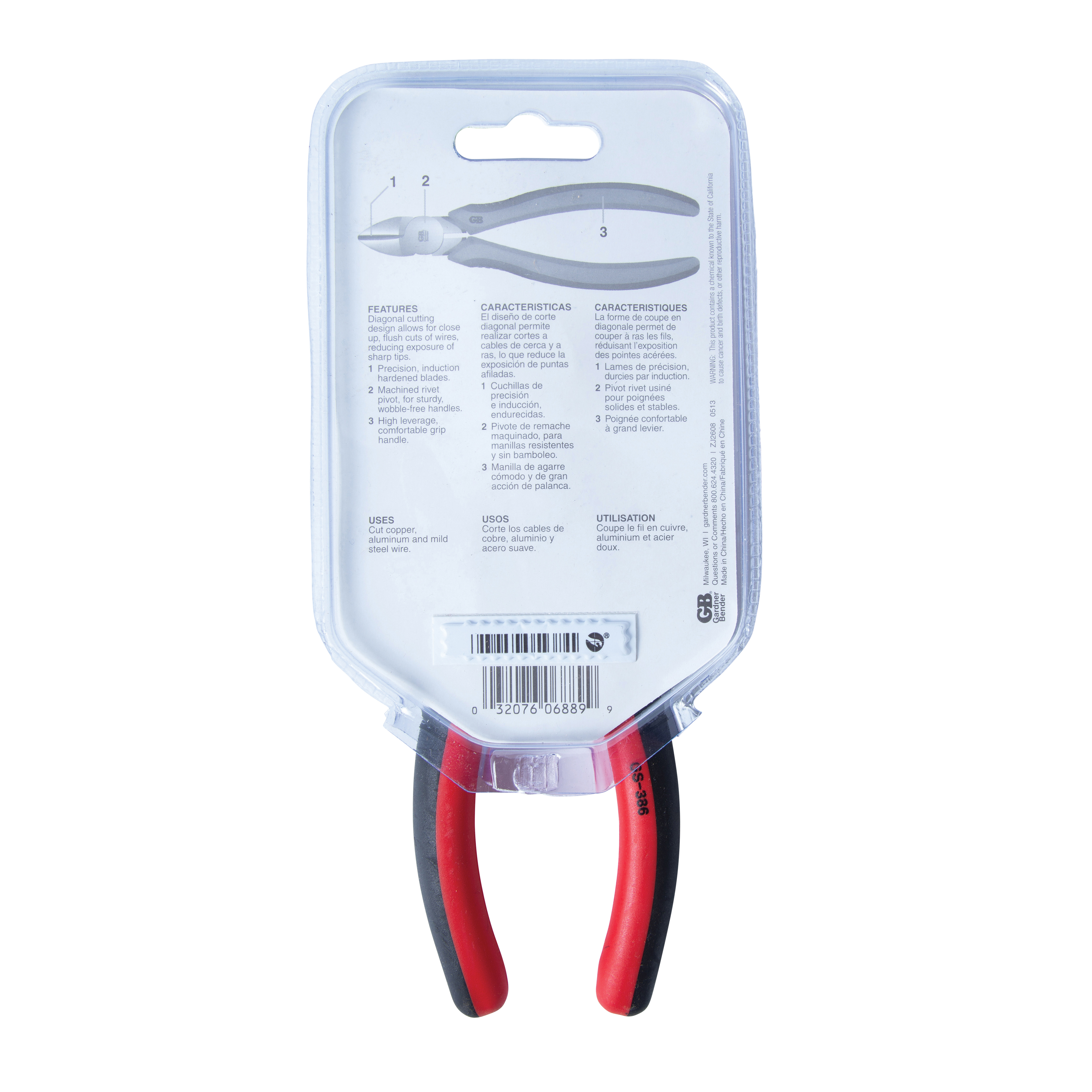Gardner Bender GS-386 Diagonal Cutting Pliers, 6-1/2 in OAL, 1-3/8 in Jaw Opening, Comfort Grip Handle, 3/4 in L Jaw