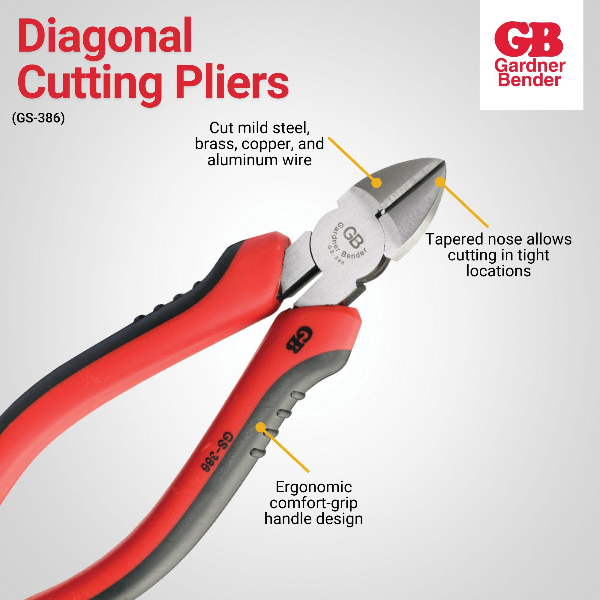 Gardner Bender GS-386 Diagonal Cutting Pliers, 6-1/2 in OAL, 1-3/8 in Jaw Opening, Comfort Grip Handle, 3/4 in L Jaw