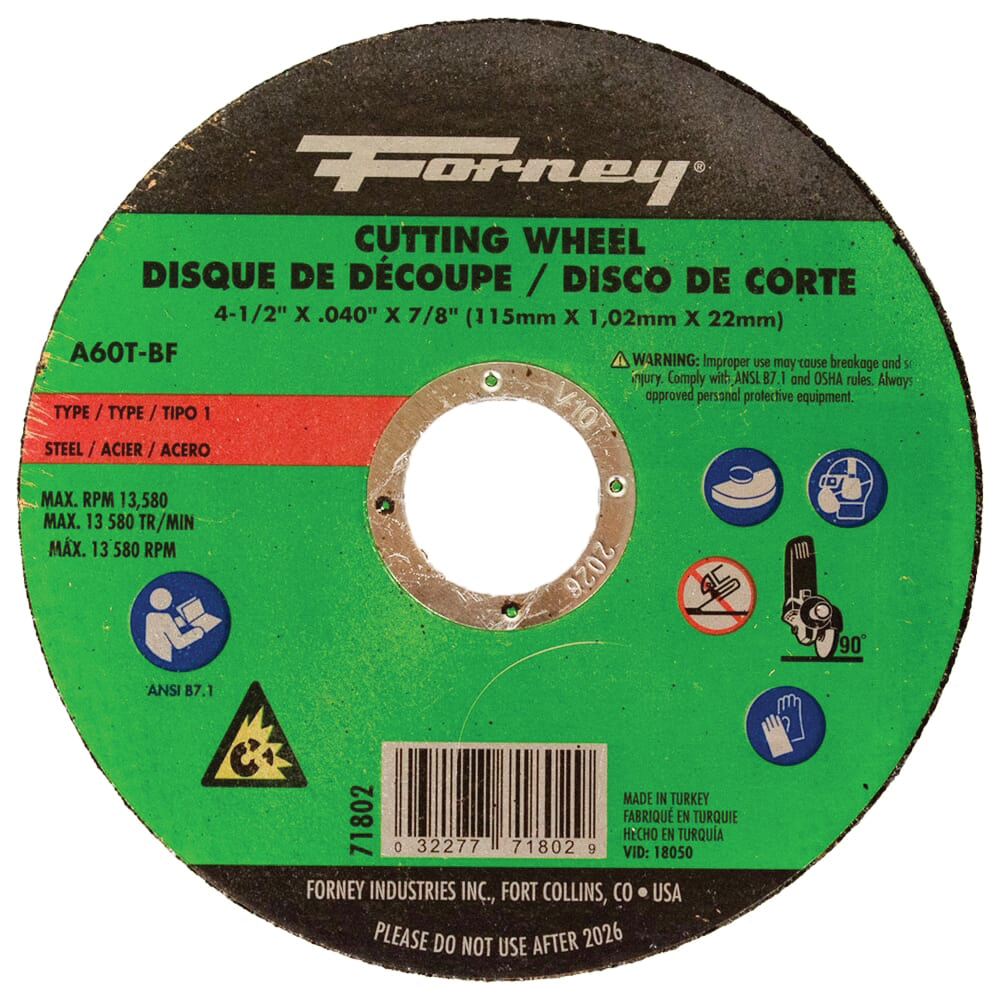Forney 71802 Cut-Off Wheel, 4-1/2 in Dia, 0.04 in Thick, 7/8 in Arbor, 60 Grit, Medium, Aluminum Oxide Abrasive