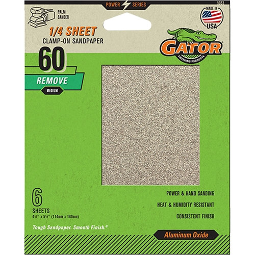 Gator 5033 Sanding Sheet, 4-1/2 in W, 5-1/2 in L, 60 Grit, Coarse, Aluminum Oxide Abrasive, Paper Backing
