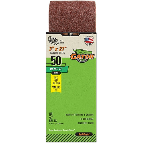 Gator Red Resin 7012 Sanding Belt, 3 in W, 21 in L, 50 Grit, Coarse, Aluminum Oxide Abrasive