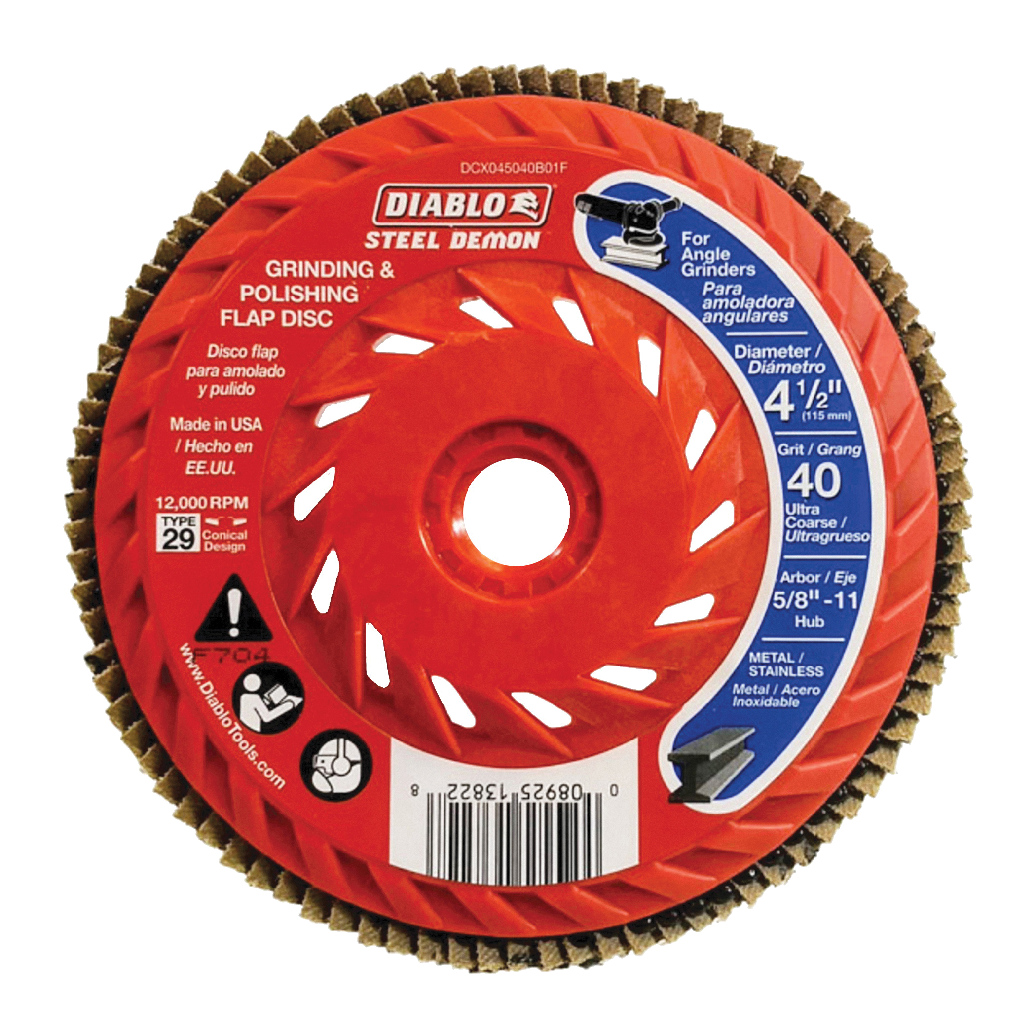 Diablo Steel Demon DCX045040B01F Flap Disc, 4-1/2 in Dia, 5/8-11 Arbor, 40 Grit, Ultra Coarse, Zirconium Abrasive