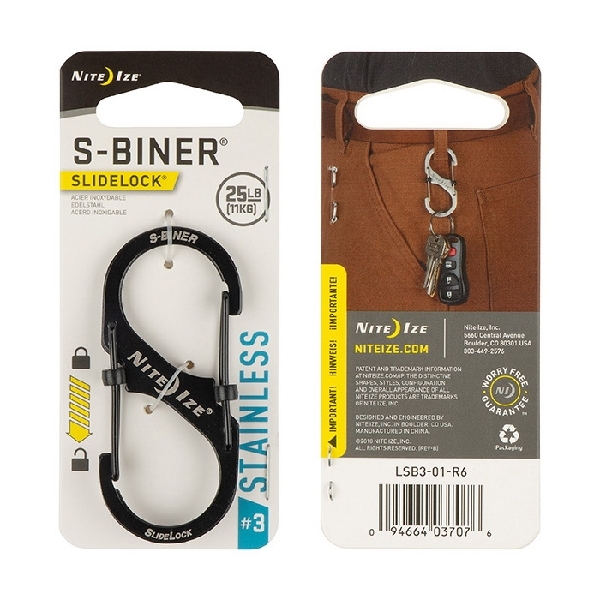 Nite Ize S-Biner Series LSB3-01-R6 Dual Carabiner, #3 Dia Ring, Stainless Steel, Black